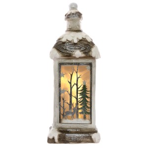 LED Weihnachtslaterne (60cm) mit Winterwald-Motiv, warmweißem Licht, weiß-beige-grün. Weihnachtsdekoration.