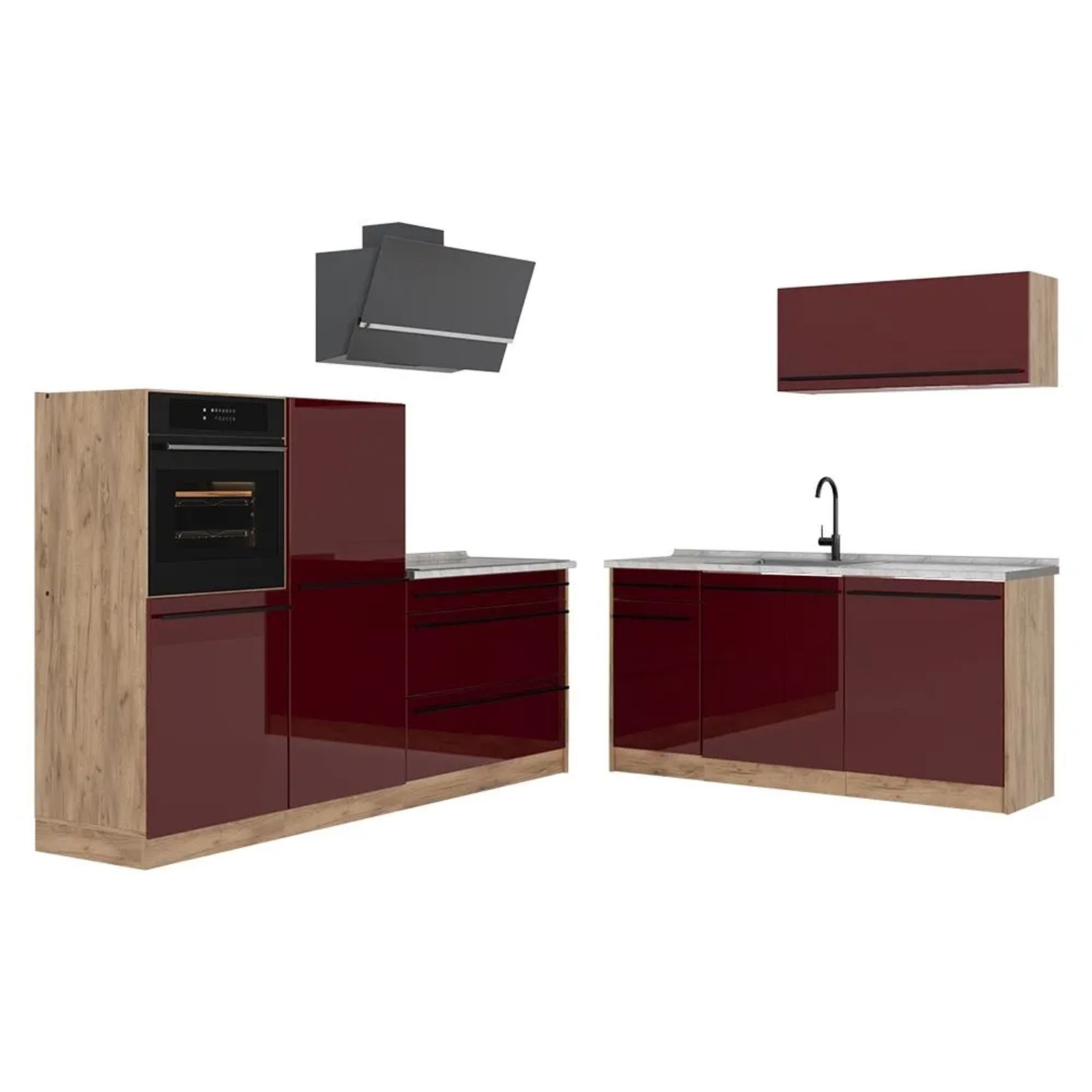 Vicco Küchenzeile R-Line Rot Hochglanz/Goldkraft Eiche 220 x 143 Arbeitsplatte Marmor Art Nr 66320