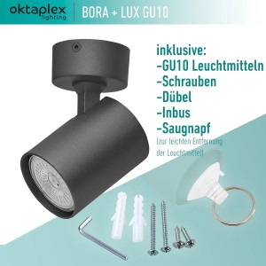 Schwarze Oktaplex Bora Deckenleuchte mit GU10 Leuchtmittel, schwenkbar, aus Aluminium.
