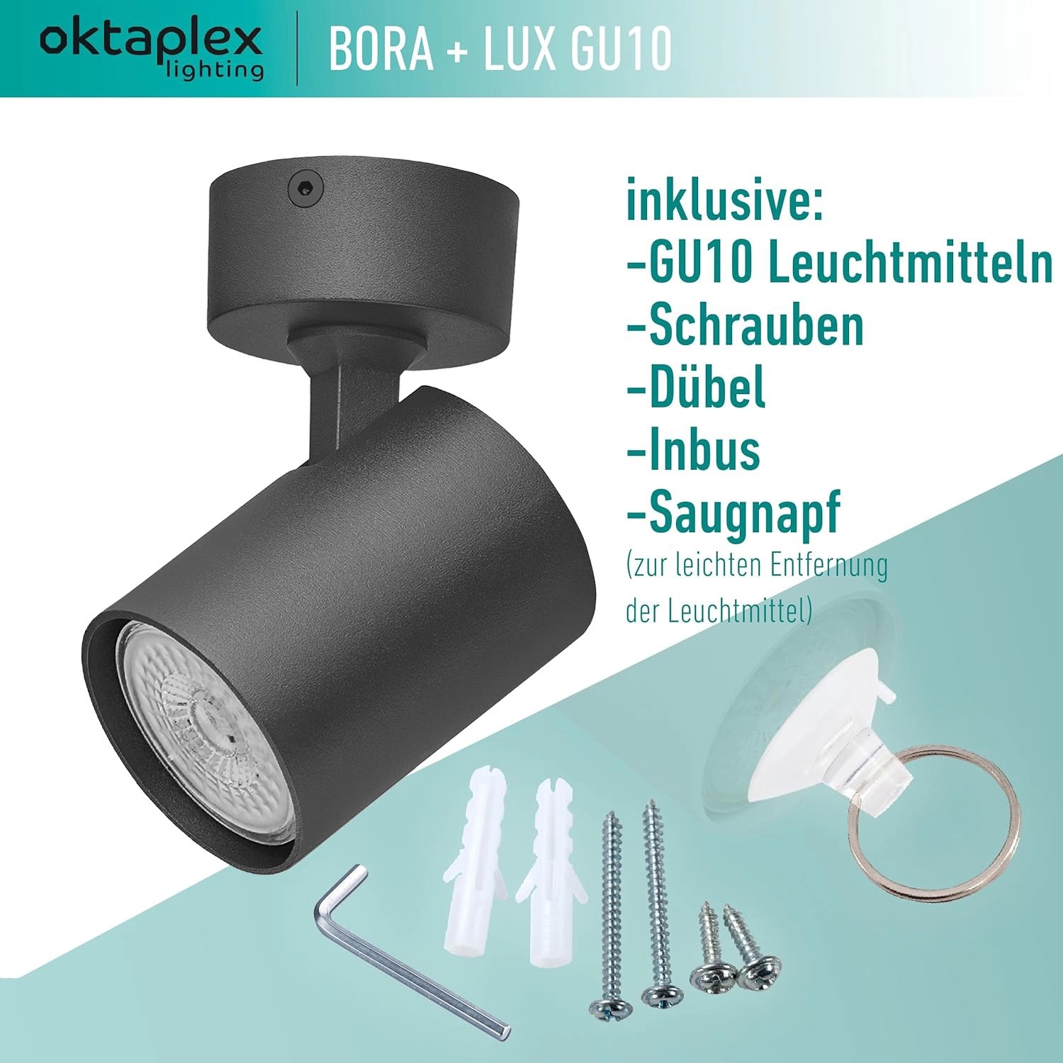 Schwarze Oktaplex Bora Deckenleuchte mit GU10 Leuchtmittel, schwenkbar, aus Aluminium.