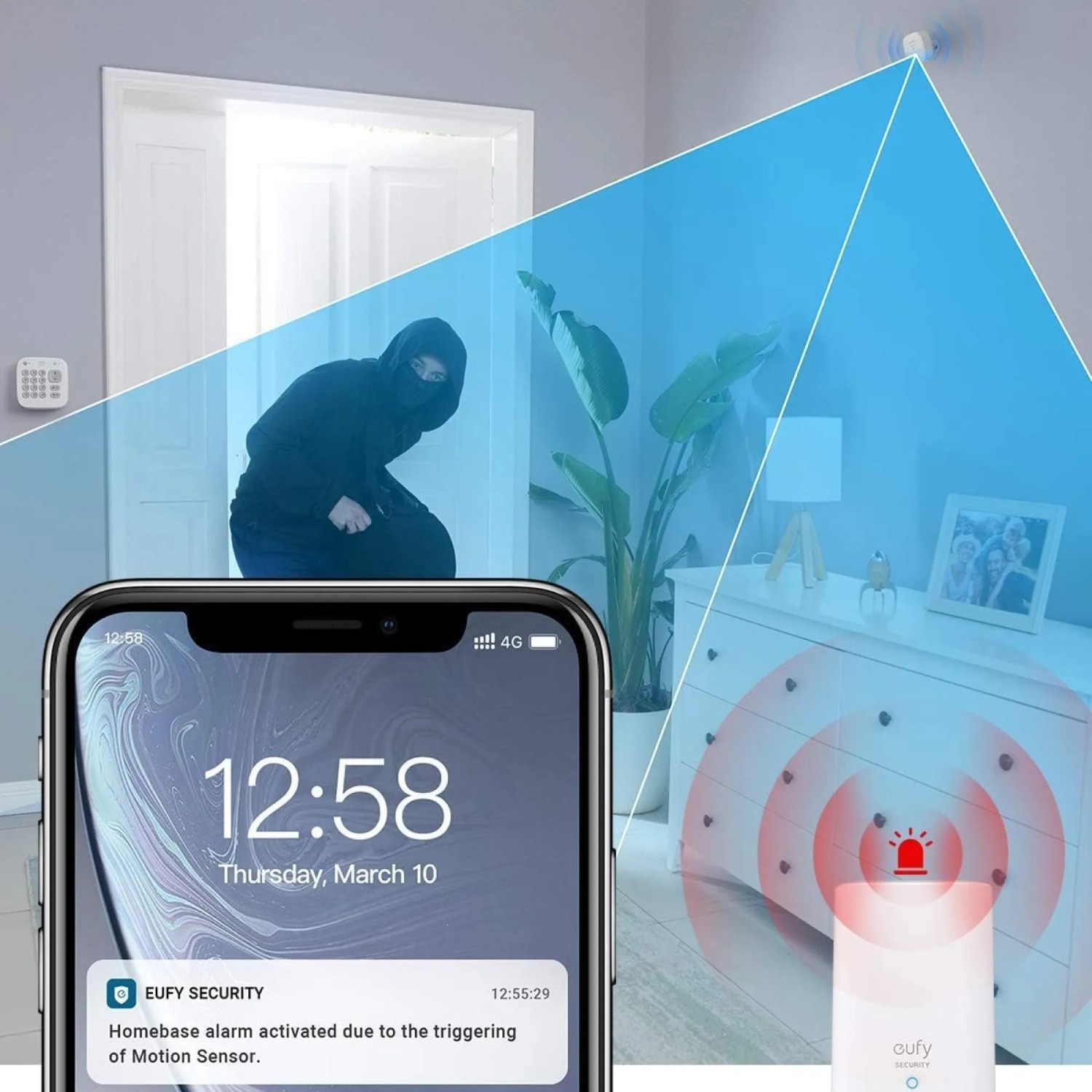 Eufy Alarm-Set: Überwachungskamera mit Bewegungssensor, Einbruchserkennung auf Smartphone.