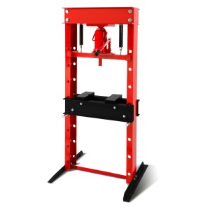 EBERTH Werkstattpresse, 20T, rot, mit Hydraulikzylinder und höhenverstellbarem Tisch.