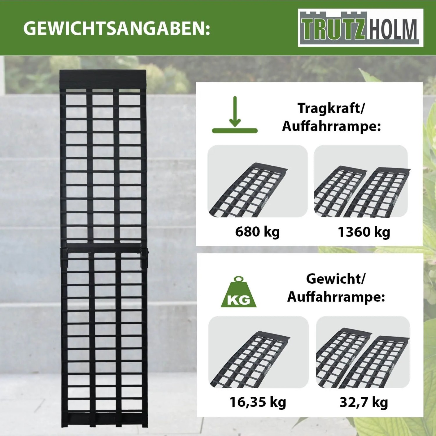 TRUTZHOLM klappbare Auffahrrampe, 230 cm, 680 kg Traglast, schwarz. Zubehör für Autoanhänger.