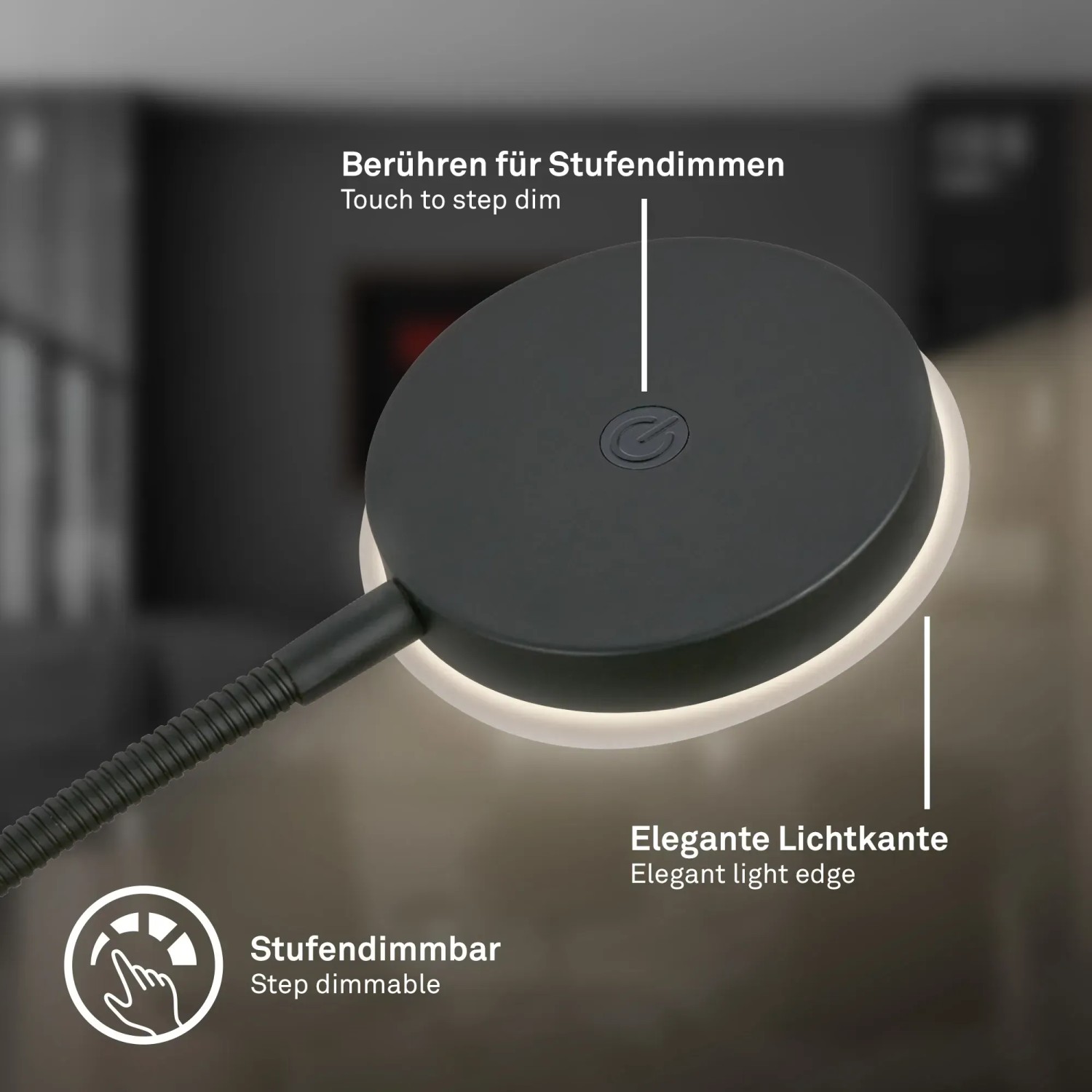 Detailaufnahme: Schwarze Brilo LED-Stehleuchte Megg mit Touchdimmer und Lichtkante.