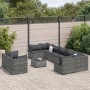 Graue 10-tlg. vidaXL Garten-Sofagarnitur aus Polyrattan mit anthrazitfarbenen Kissen.