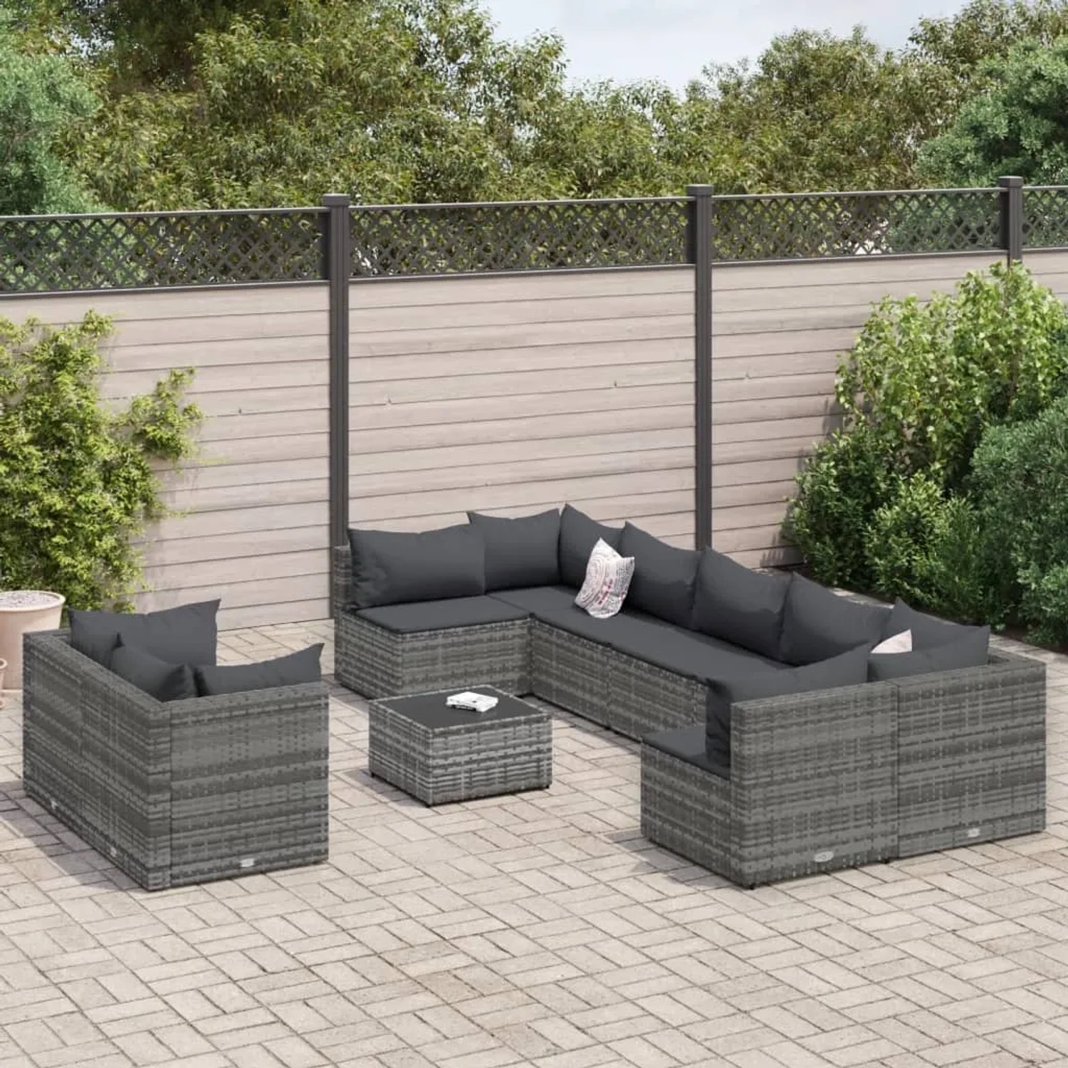Graue 10-tlg. vidaXL Garten-Sofagarnitur aus Polyrattan mit anthrazitfarbenen Kissen.