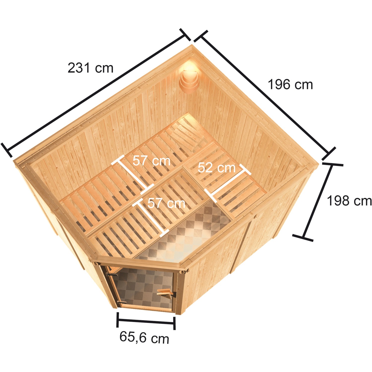 Karibu Sauna Horna mit Ofen, Eckeinstieg, bronzierter Glastür und Maßen. Aufteilung der Saunabänke sichtbar.