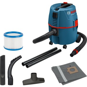 Bosch Professional GAS 20 LSFC Nass- und Trockensauger mit Zubehör wie Düsen, Filter und Staubsäcke.