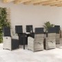 7-teilige Garten Essgruppe aus Poly Rattan in Hellgrau. Gartentisch mit 6 Stühlen und dunklen Auflagen.
