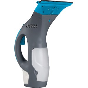 Akku Fenstersauger Windowclean 2in1 in Grau und Türkis mit Reinigungsmittelbehälter.