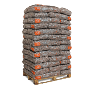 Palette Galamio Pinien Rindenmulch Grob, 39 Säcke à 60l, rotbraune Körnung auf Holzpalette.
