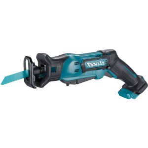 Makita Akku-Reciprosäge JR103DZ in Türkis und Schwarz mit eingesetztem Sägeblatt.