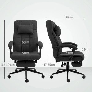 Schwarzer ergonomischer Bürostuhl mit Fußstütze, Leinenoptik. Vorder- und Seitenansicht mit Maßen.