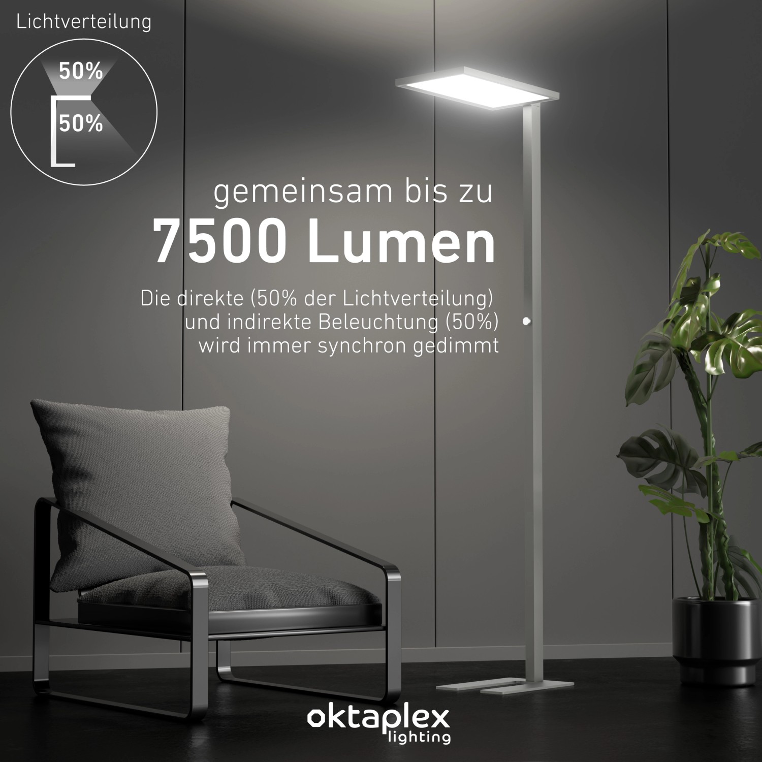Dimmbare LED Stehlampe Malmö in Silber mit 7500 Lumen für Büro und Arbeitszimmer.