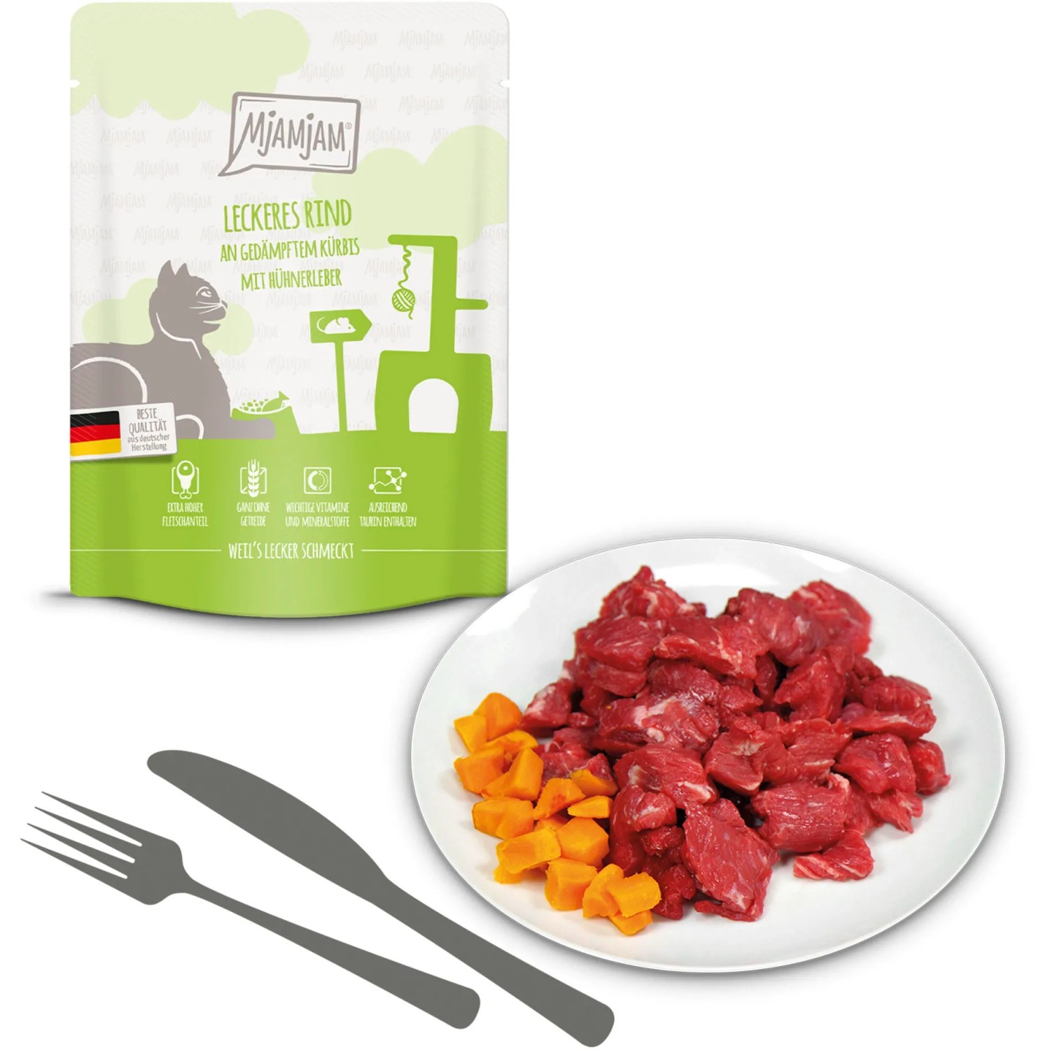 MjAMjAM Katzen-Nassfutter Rind mit Kürbis und Hühnerleber auf Teller.