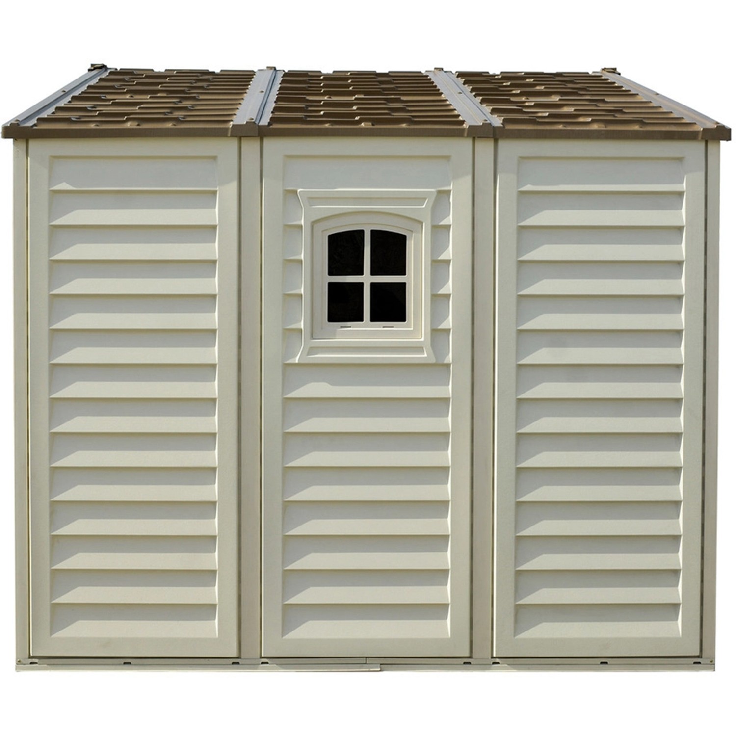 Duramax Kunststoff-Gartenhaus WoodBridge Plus, 7,6 m², mit Fenster und braunem Dach.