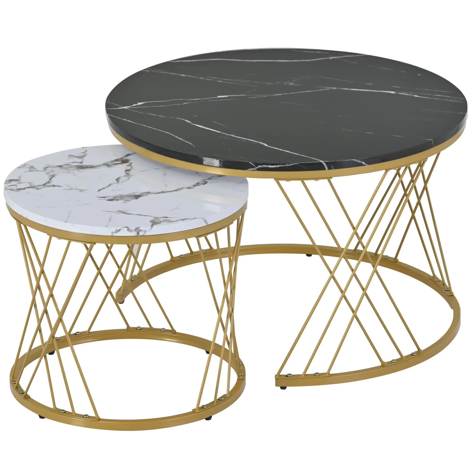 okwish Couchtisch Set mit Marmoroptik und Goldenem Gestell 70 x 70 x 45 cm Schwarz