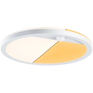 Weiße, runde Paulmann LED-Außendeckenleuchte Lamina mit Bewegungssensor und warmweißem Licht.