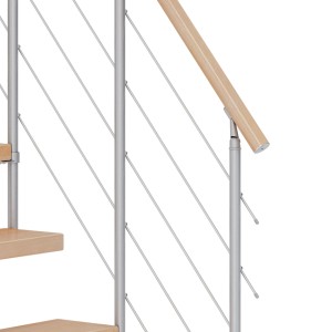 Detailansicht Dolle Mittelholmtreppe Dublin Buche/Perlgrau: Geländer mit Edelstahlstäben und Holzhandlauf.