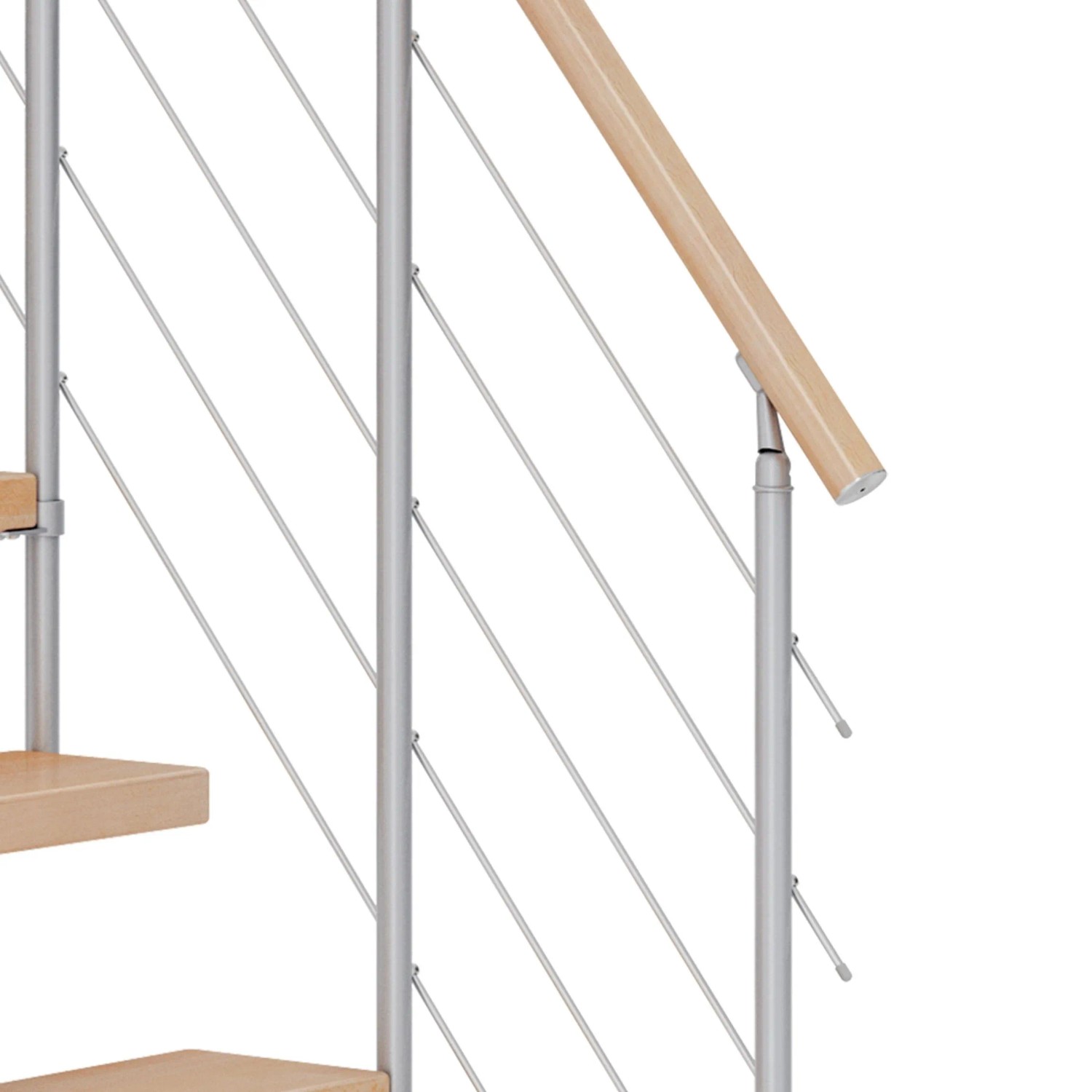 Detailansicht Dolle Mittelholmtreppe Dublin Buche/Perlgrau: Geländer mit Edelstahlstäben und Holzhandlauf.