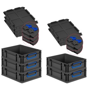 PROREGAL SuperSparSet 5x Eurobox Nextgen Color Mit Scharnierdeckel HxBxT 12x30x40cm 11 Liter Schwarz Griffe Blau Geschlossen Eurobehälter Transportbox