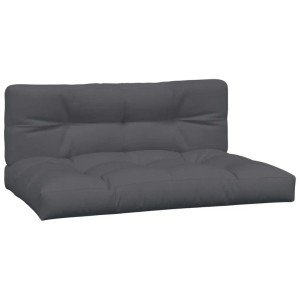 Anthrazitfarbenes 2-teiliges Palettenkissen-Set aus Stoff. Beinhaltet Sitz- und Rückenkissen für Gartenmöbel.
