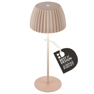Beige Brilo Akku-Tischleuchte Riffle mit geriffeltem Schirm. Dimmbare Design-Tischlampe mit Touchfunktion.