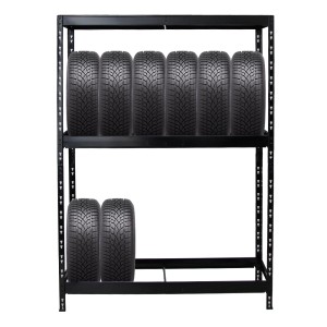 Schwarzes PROREGAL Reifenregal Tiger mit 2 Ebenen und Fachboden für bis zu 12 Reifen.