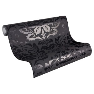 Rolle schwarze Barock Tapete mit Ornament Muster, matte Optik.
