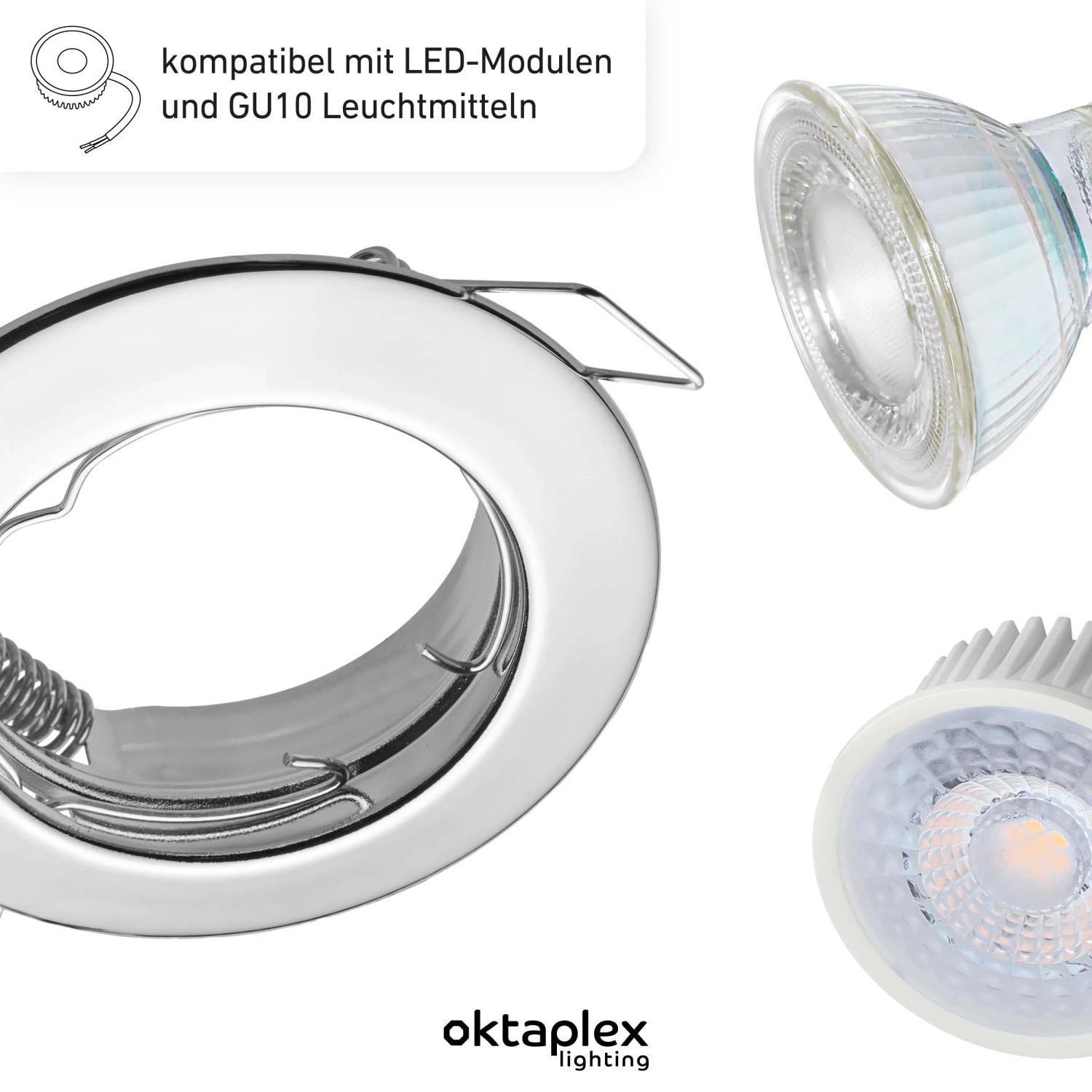 Oktaplex Einbaustrahler Sedan in Chromoptik, kompatibel mit LED-Modulen und GU10 Leuchtmitteln. Moderner Deckenspot.