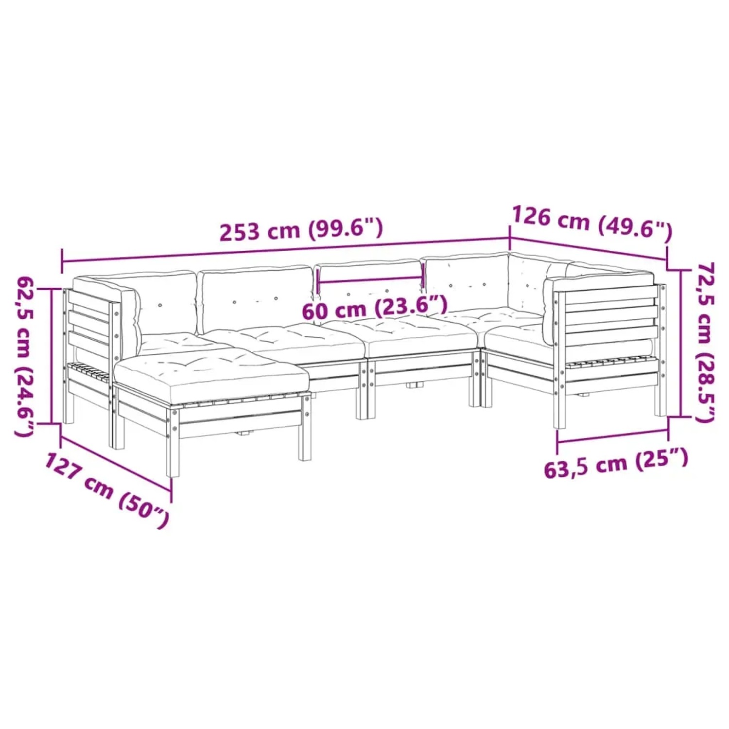vidaXL 6-tlg. Garten-Sofagarnitur aus Douglasie mit Kissen, Maße eingezeichnet.