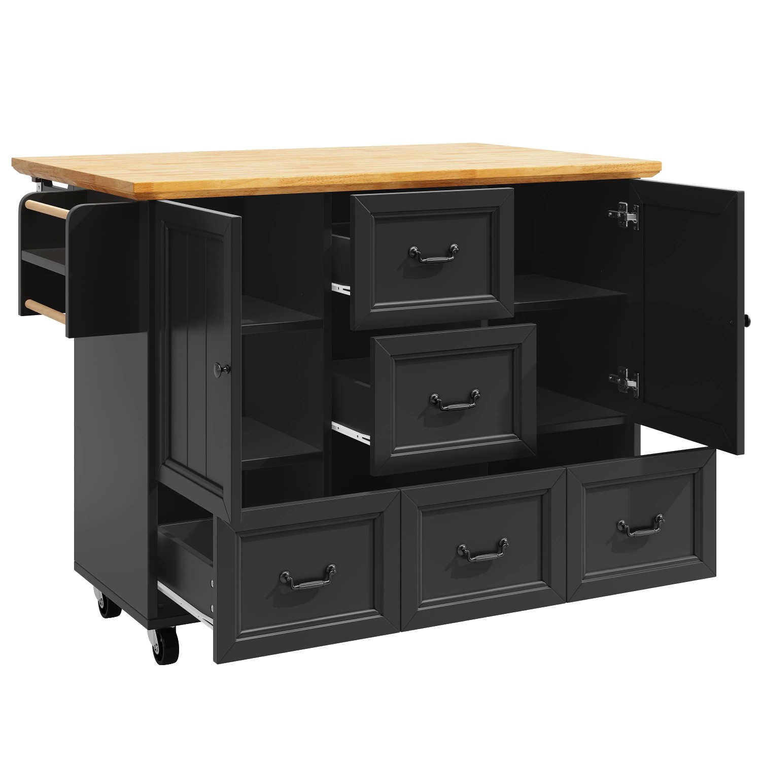 okwish Kücheninsel mit Ausziehbarem Rollenwagen Gewürzregal 120 x 73 x 93 cm Schwarz