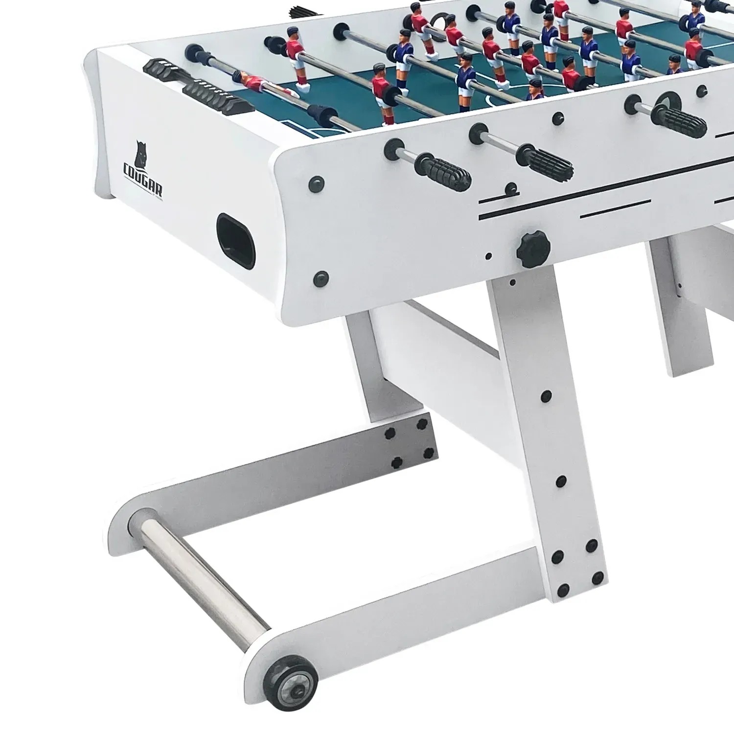 Weißer, faltbarer Cougar Tischkicker Scorpion Kick TS mit Spielfiguren und Teleskopstangen.