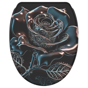 WC-Sitz Black Rose mit schwarzem Rosenmotiv, metallisch glänzenden Blüten und feinen Glitzerdetails. Toilettensitz.