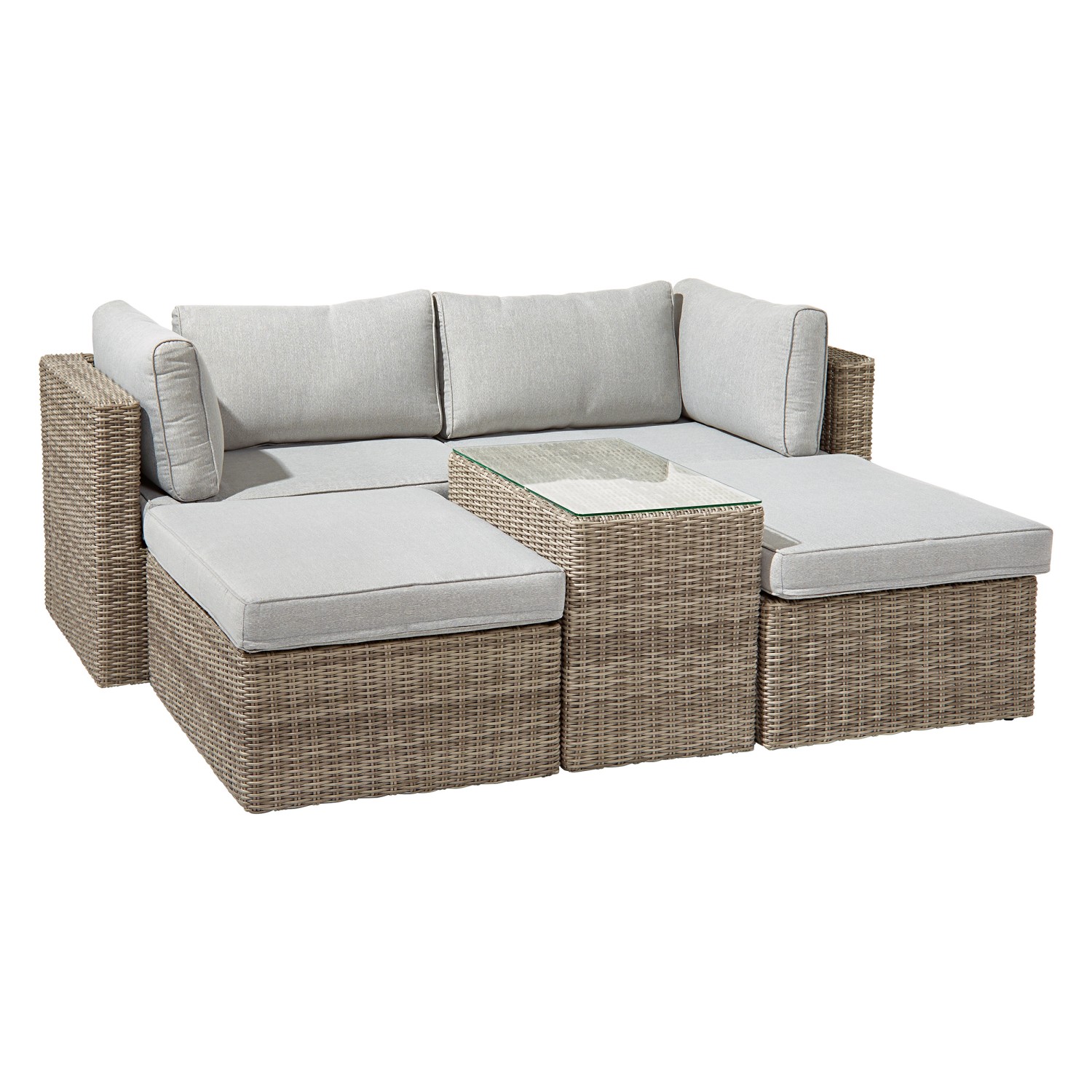 5-teiliges Lounge-Set Olea aus Polyrattan in Sand mit Tisch und hellgrauen Kissen.