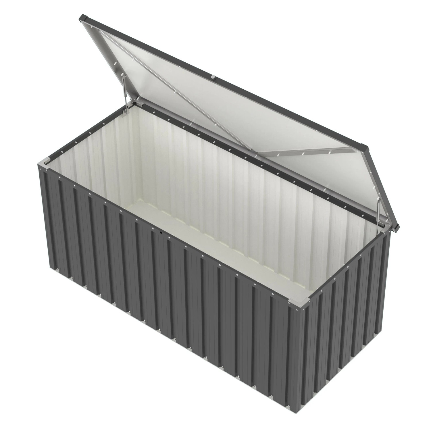 Geöffnete, anthrazitfarbene Tepro Universalbox Store Large (172,8x72,5x78,5cm).