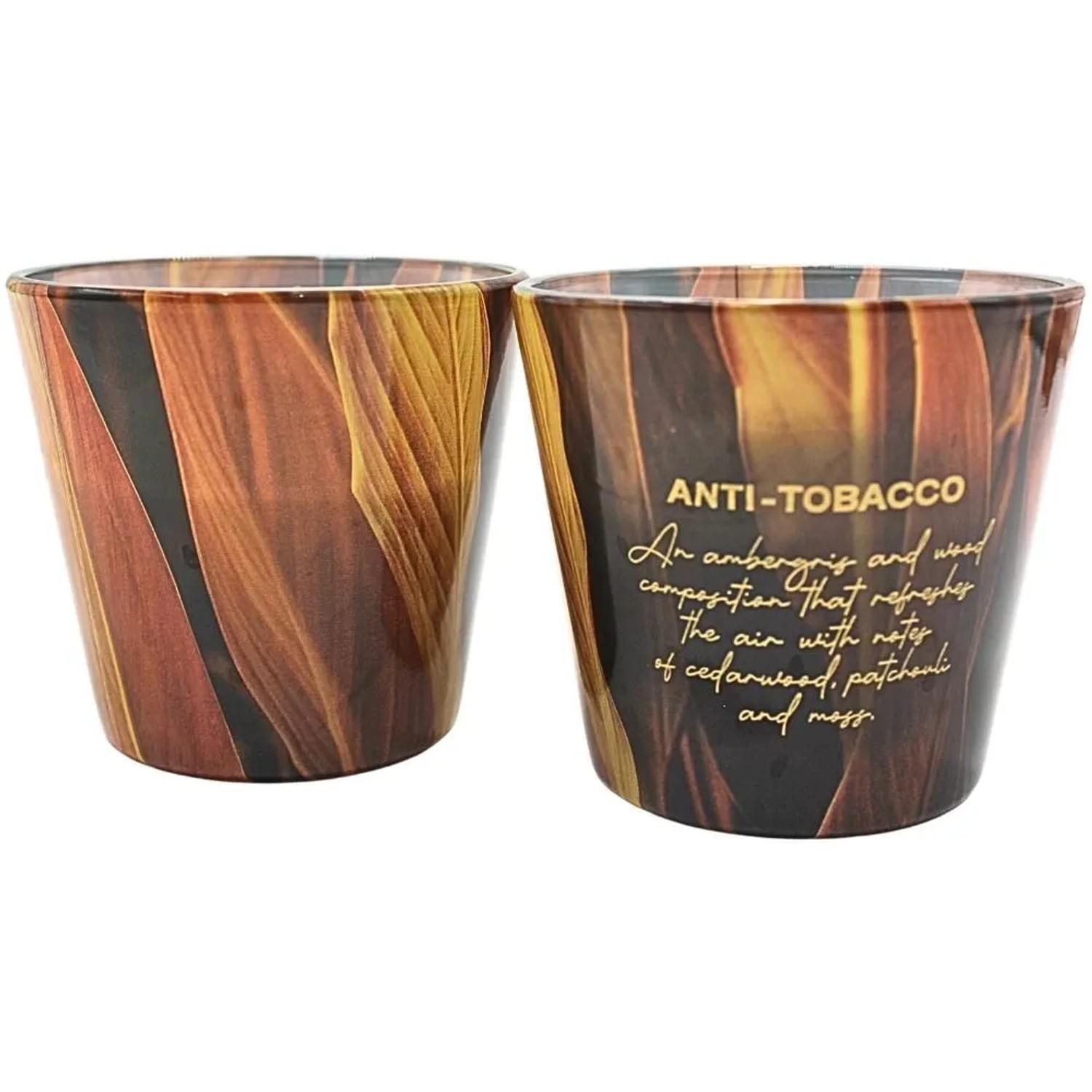 Dekohelden24 2er Set Dufkerzen Geschenkkerze Anti Tobaccokerzen Tabakkerze Duftkerzen mit Amber Aroma 60h Brenndauer Maße je Kerze 9 x 9 x 8 cm