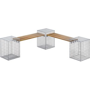 Gabiona 3-Gabionenbank Teak, Eckbank mit Teakholz-Sitzfläche und Drahtkörben, 45x60x45 cm.