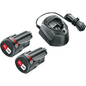 Bosch Akku-Set 12V mit Ladegerät und 2 Akkus für Elektrowerkzeuge.