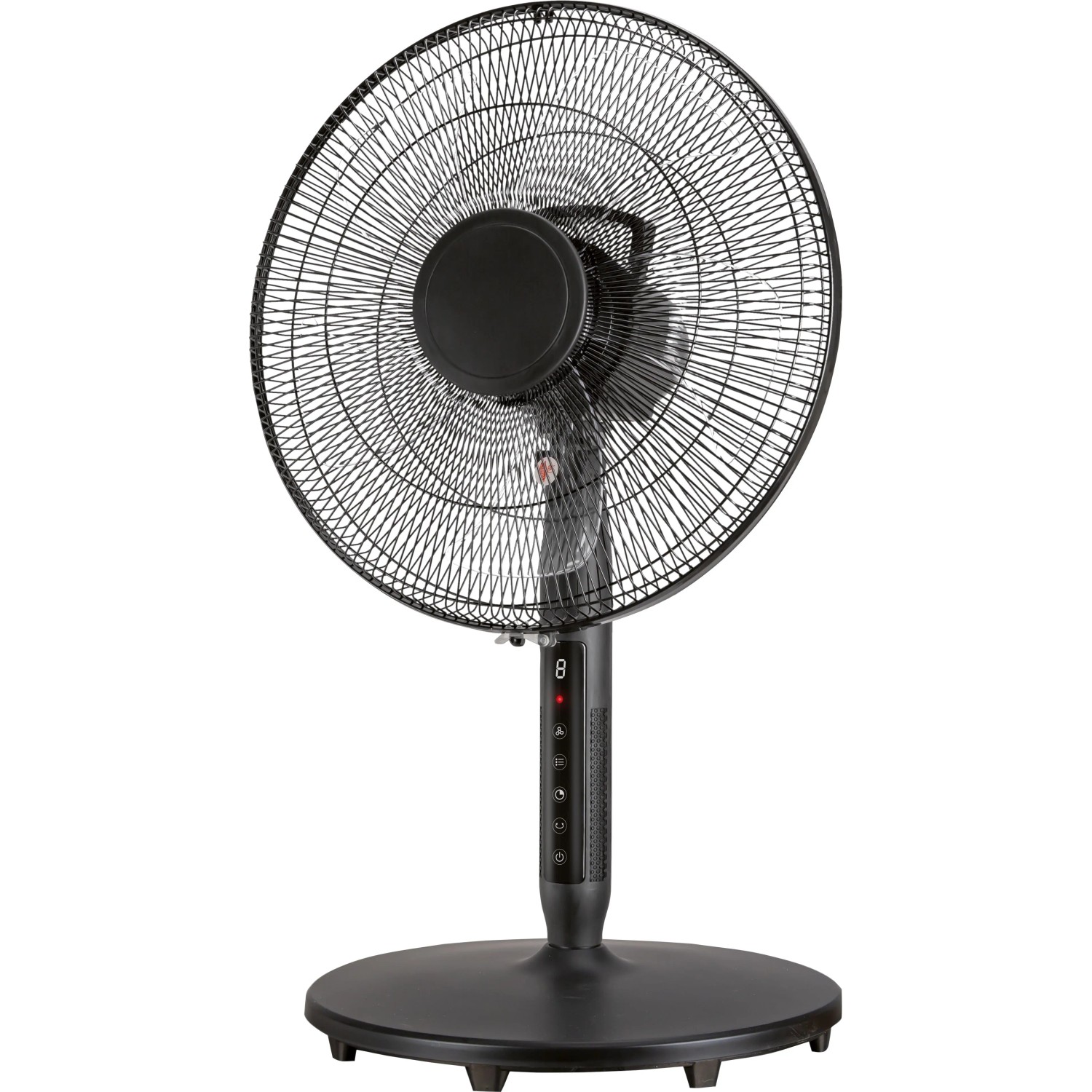 Schwarzer Standventilator Silent, Ø 40 cm, Höhe 135 cm, mit Bedienfeld und rundem Standfuß.