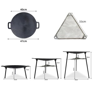 CCLIFE Koreanische Grillpfanne aus Gusseisen, rund, mit Zubehör und Maßangaben.