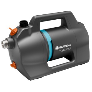 Gardena Gartenpumpe 4200 Silent: Graue Elektropumpe mit Tragegriff und blauem Akzentband.