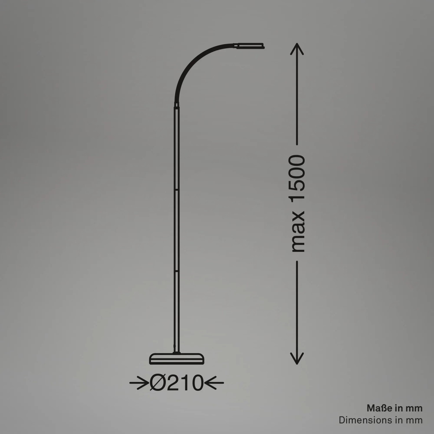 Skizze der schwarzen LED-Stehleuchte Megg mit Maßen: Höhe 150 cm, Durchmesser 21 cm.