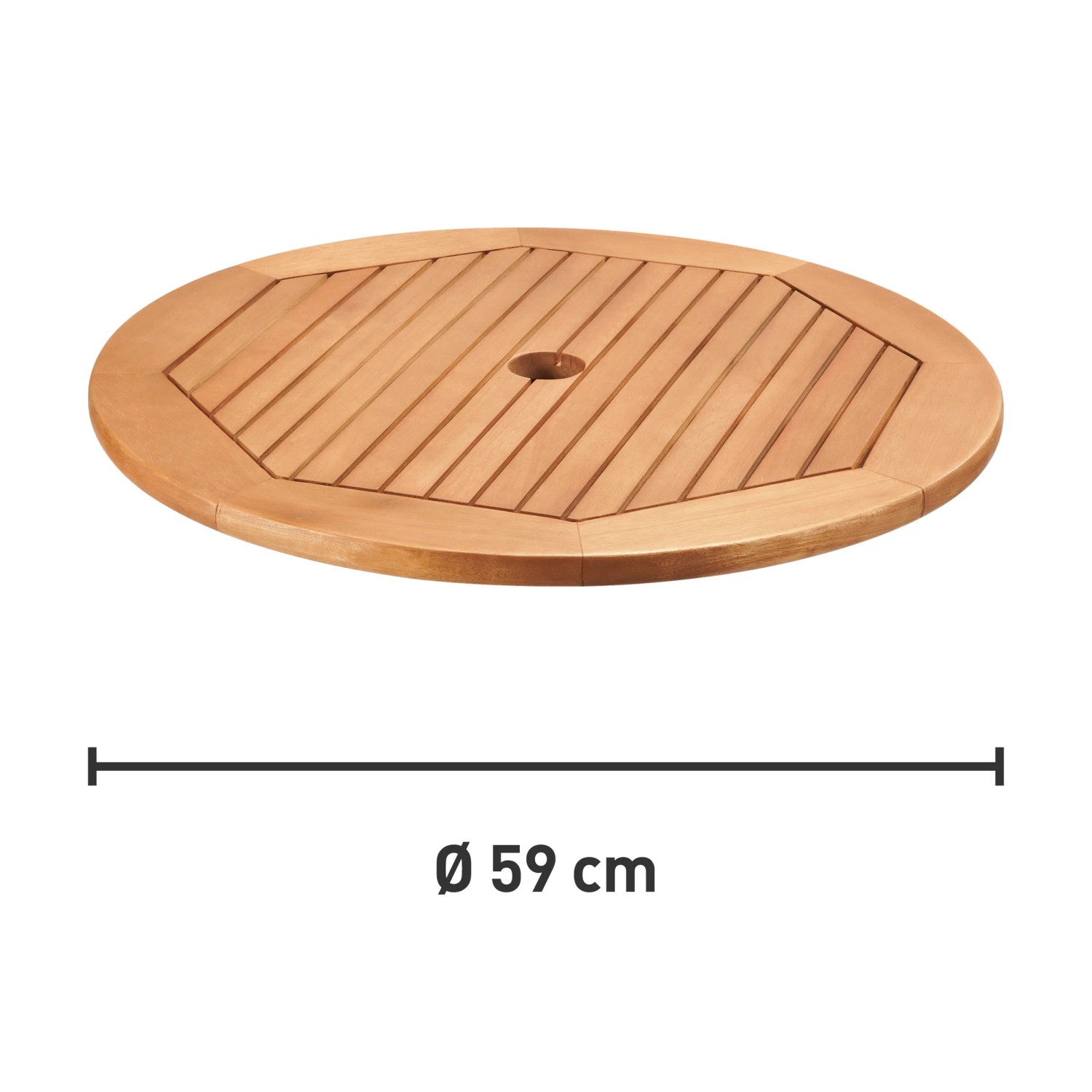 Runde, braune Tischplatte des Gartentischs Greenville, Ø 59 cm, mit Loch für Sonnenschirm.
