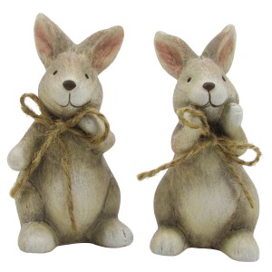 2 braune Keramik-Hasen (8,6 cm) mit Schleife, stehend, für die Osterdeko.
