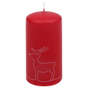Rubinrote Steinhart Stumpenkerze „Im Wald“ (11x5,7 cm) mit Hirsch-Motiv.