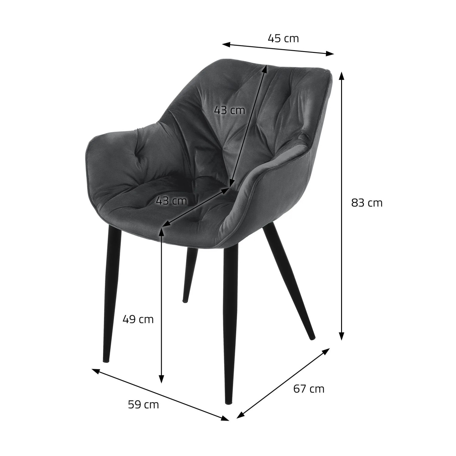 ML-Design Polsterstuhl, anthrazitfarbener Samt, schwarze Beine, Maße eingezeichnet. Esszimmerstuhl.