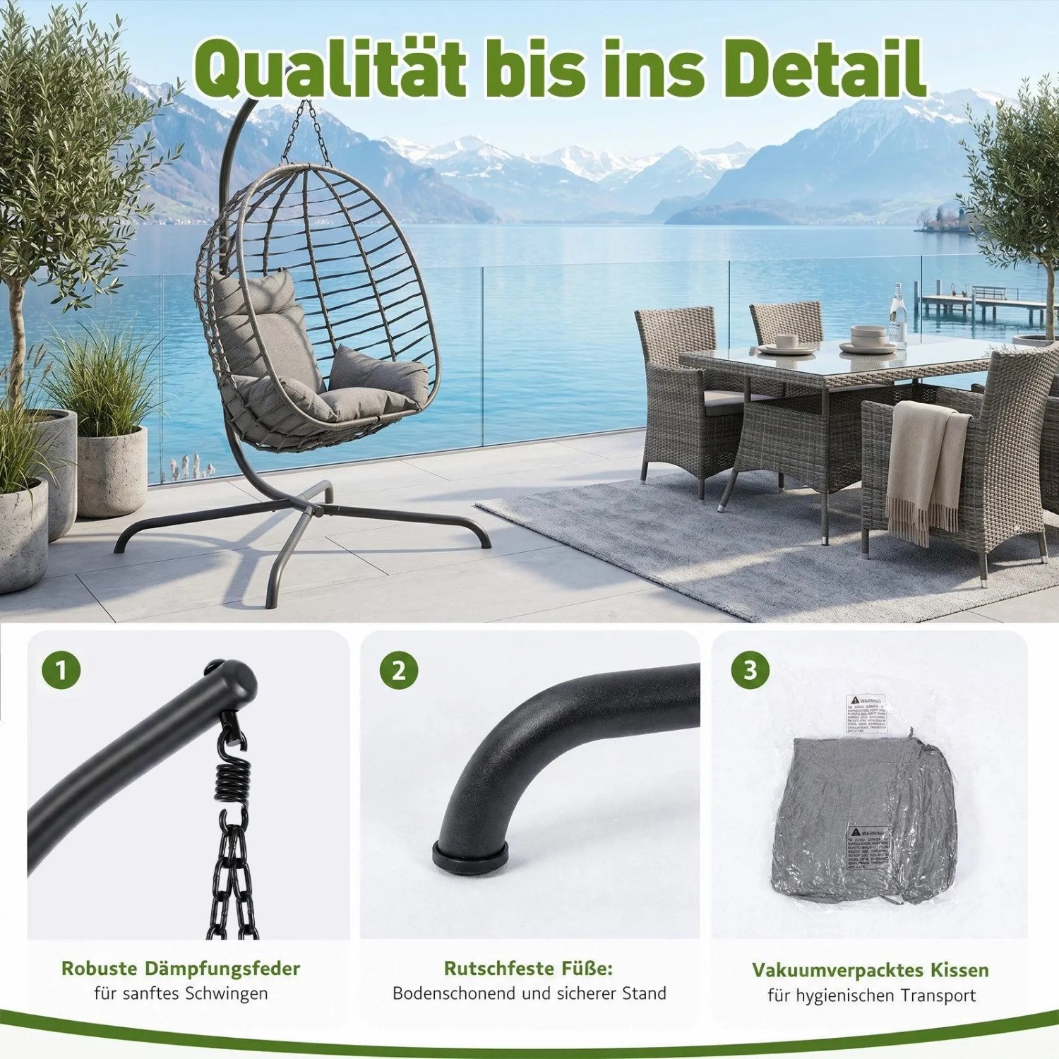Grauer Rattan Hängesessel mit Gestell, Kissen auf Balkon. Details: Feder, rutschfeste Füße, verpacktes Kissen. Für Garten & Indoor.