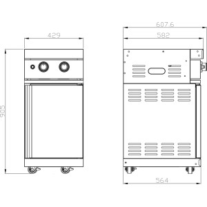 Technische Zeichnung: MyOutdoorKitchen Modul mit Doppel Seitenbrenner aus Edelstahl, Maße und Details.