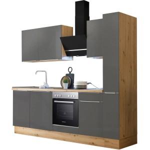 Respekta Küchenzeile Marleen 250 cm in Artisan-Eiche und Grau Matt mit E-Geräten.